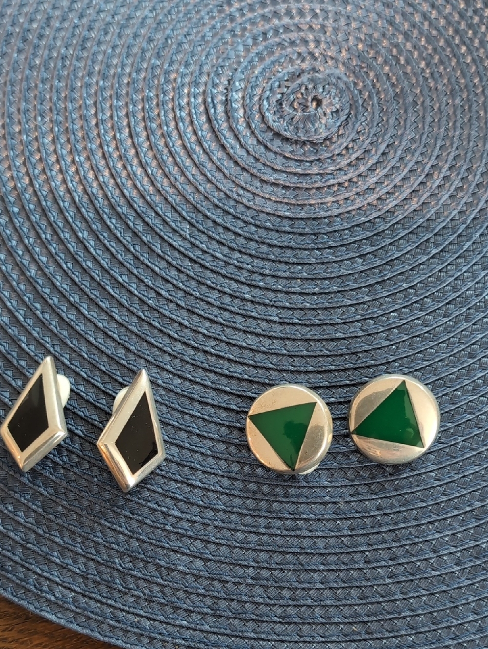 2 Pair-925 Silver Clip Earrings One w Green & One Black Onyx Inlay